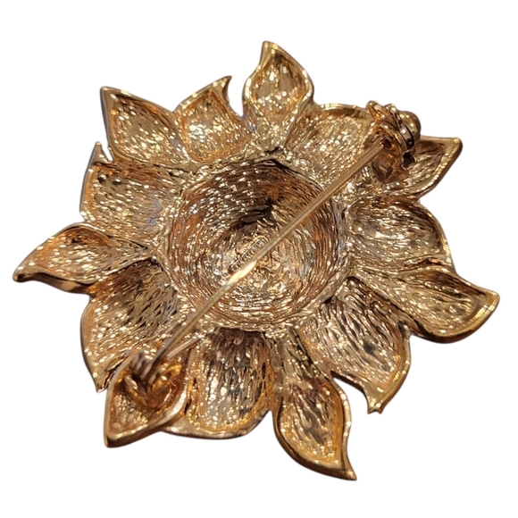 Vintage Signed Roman Sunflower Gold tone and Rhinestone Brooch Pin - Picture 2 of 4